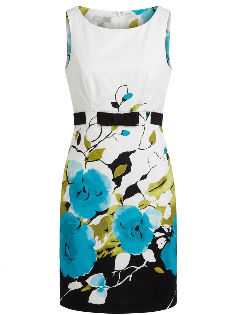 Kasper White Sleeveless Midi Dress with Turquoise and Olive Floral Print